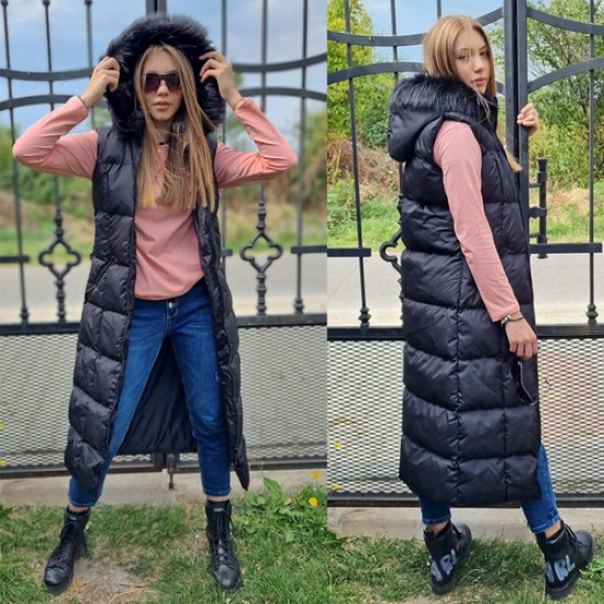 Дамски, дълъг елек с качулка, 115см, City Angels Jeans, Черен, 6800